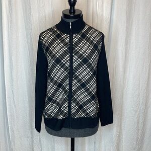 Pendleton Womens Merino Wool Zip Up Sweater Jacket Black White Plaid Sz PS